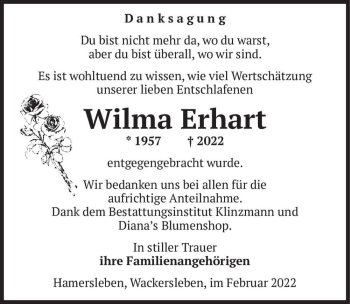 Traueranzeige von Wilma Erhart  von Magdeburger Volksstimme