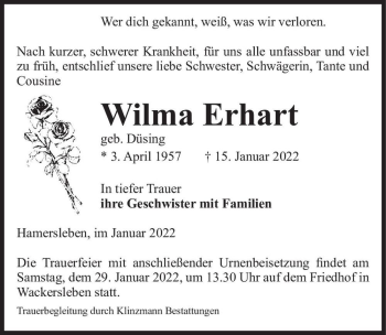 Traueranzeige von Wilma Erhart (geb. Düsing)  von Magdeburger Volksstimme