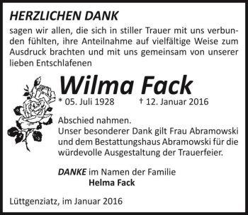 Traueranzeige von Wilma Fack  von Magdeburger Volksstimme