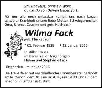 Traueranzeige von Wilma Fack (geb. Plückebaum)  von Magdeburger Volksstimme