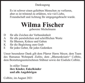 Traueranzeige von Wilma Fischer (geb. Michelmann)  von Magdeburger Volksstimme