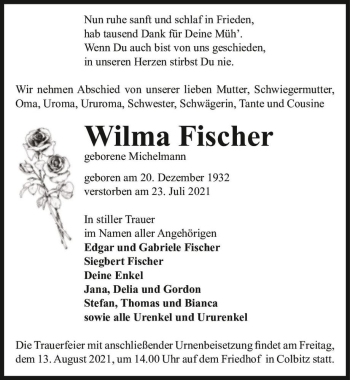 Traueranzeige von Wilma Fischer (geb. Michelmann)  von Magdeburger Volksstimme