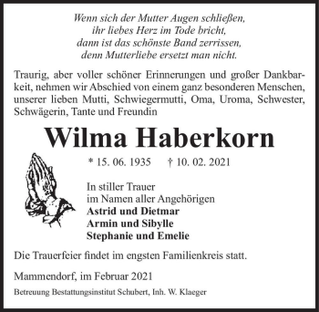 Traueranzeige von Wilma Haberkorn  von Magdeburger Volksstimme