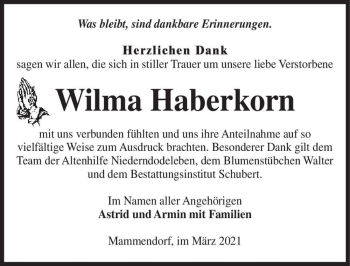 Traueranzeige von Wilma Haberkorn  von Magdeburger Volksstimme