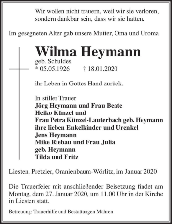 Traueranzeige von Wilma Heymann (geb. Schuldes)  von Magdeburger Volksstimme