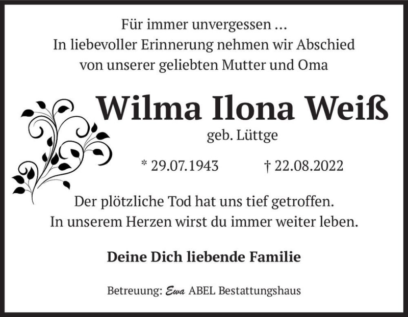  Traueranzeige für Wilma Ilona Weiß (geb. Lüttge)  vom 24.09.2022 aus Magdeburger Volksstimme