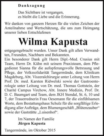 Traueranzeige von Wilma Kapusta  von Magdeburger Volksstimme