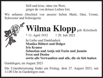 Traueranzeige von Wilma Klopp (geb. Krischock)  von Magdeburger Volksstimme