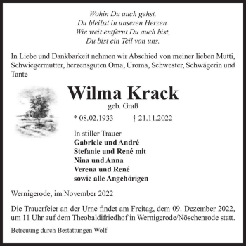 Traueranzeige von Wilma Krack (geb. Graß)  von Magdeburger Volksstimme