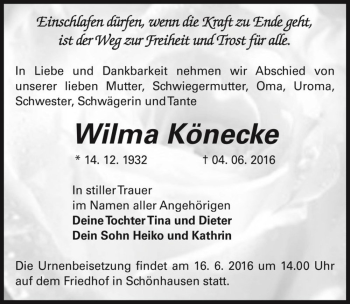 Traueranzeige von Wilma Könecke  von Magdeburger Volksstimme
