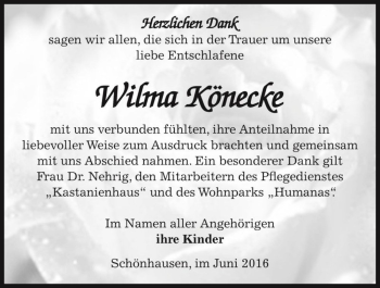 Traueranzeige von Wilma Könecke  von Magdeburger Volksstimme