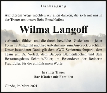 Traueranzeige von Wilma Langoff  von Magdeburger Volksstimme