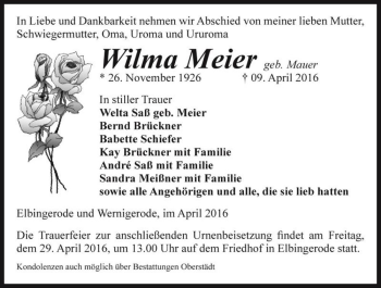 Traueranzeige von Wilma Meier (geb. Mauer)  von Magdeburger Volksstimme