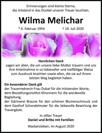 Traueranzeige von Wilma Melichar  von Magdeburger Volksstimme