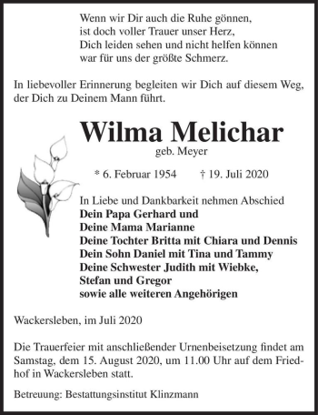 Traueranzeige von Wilma Melichar (geb. Meyer)  von Magdeburger Volksstimme