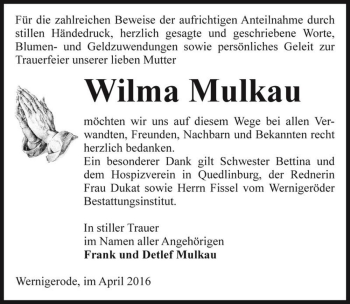Traueranzeige von Wilma Mulkau  von Magdeburger Volksstimme