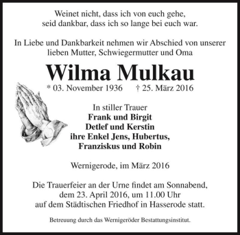 Traueranzeige von Wilma Mulkau  von Magdeburger Volksstimme