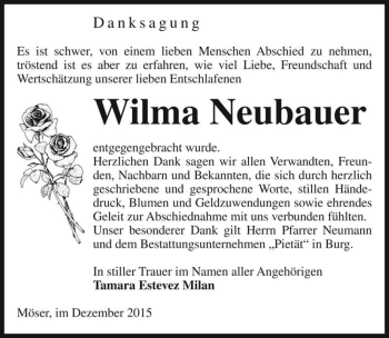 Traueranzeige von Wilma Neubauer  von Magdeburger Volksstimme