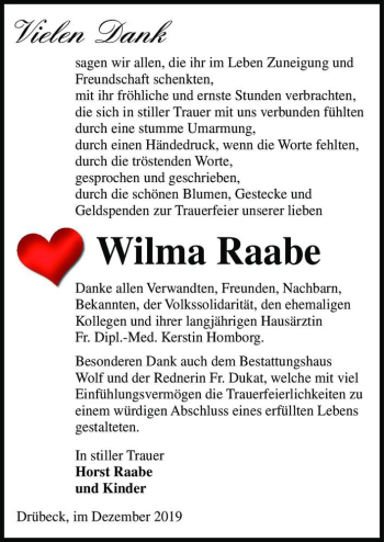Traueranzeige von Wilma Raabe  von Magdeburger Volksstimme