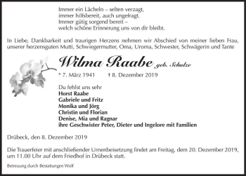Traueranzeige von Wilma Raabe (geb. Schulze)  von Magdeburger Volksstimme