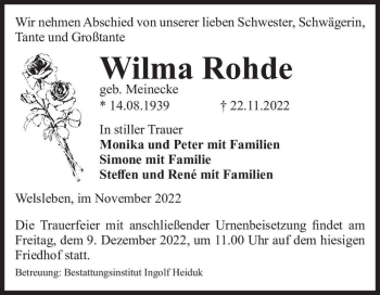 Traueranzeige von Wilma Rohde (geb. Meinecke)  von Magdeburger Volksstimme