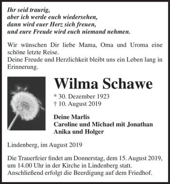 Traueranzeige von Wilma Schawe  von Magdeburger Volksstimme