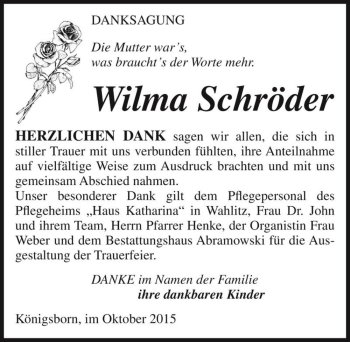 Traueranzeige von Wilma Schröder  von Magdeburger Volksstimme