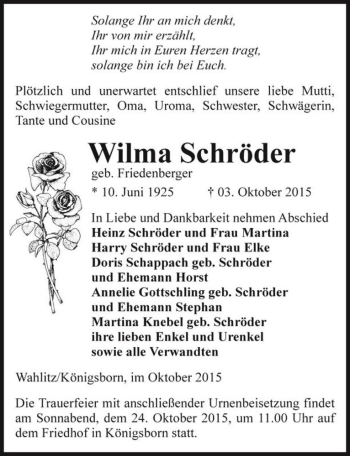 Traueranzeige von Wilma Schröder (geb. Friedenberger)  von Magdeburger Volksstimme