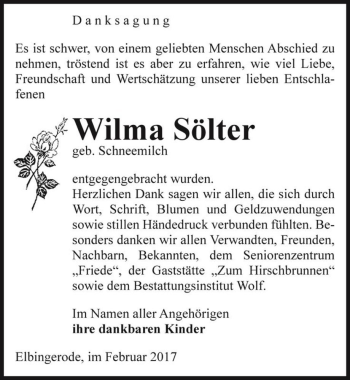 Traueranzeige von Wilma Sölter (geb. Schneemilch)  von Magdeburger Volksstimme