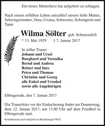 Traueranzeige von Wilma Sölter (geb. Schneemilch)  von Magdeburger Volksstimme
