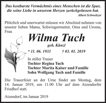 Traueranzeige von Wilma Tuch (geb. Künzl)  von Magdeburger Volksstimme