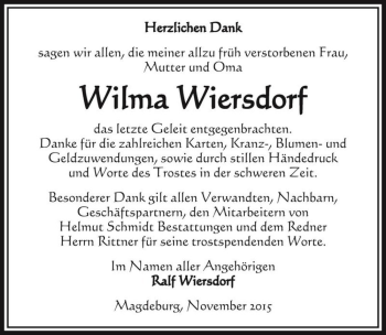 Traueranzeige von Wilma Wiersdorf  von Magdeburger Volksstimme
