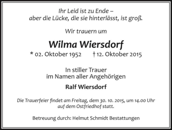 Traueranzeige von Wilma Wiersdorf  von Magdeburger Volksstimme