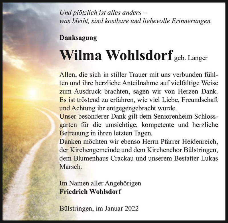  Traueranzeige für Wilma Wohlsdorf (geb. Langer)  vom 08.01.2022 aus Magdeburger Volksstimme