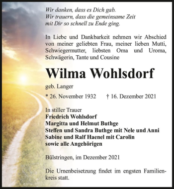 Traueranzeige von Wilma Wohlsdorf (geb. Langer)  von Magdeburger Volksstimme