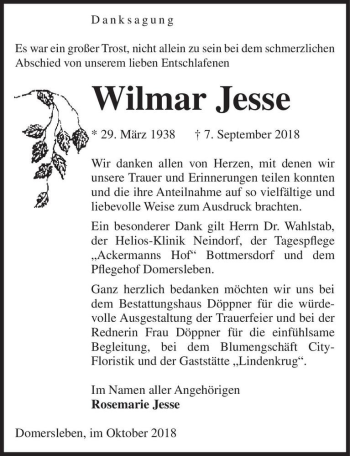 Traueranzeige von Wilmar Jesse  von Magdeburger Volksstimme