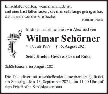 Traueranzeige von Wilmar Schörner  von Magdeburger Volksstimme