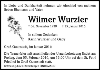 Traueranzeige von Wilmer Wurzler  von Magdeburger Volksstimme
