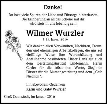 Traueranzeige von Wilmer Wurzler  von Magdeburger Volksstimme