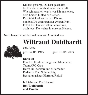 Traueranzeige von Wiltraud Duldhardt (geb. Arntz)  von Magdeburger Volksstimme