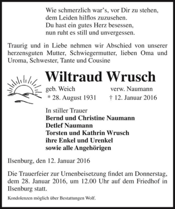 Traueranzeige von Wiltraud Wrusch (geb. Weich)  von Magdeburger Volksstimme