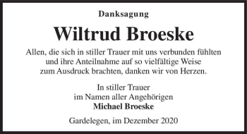 Traueranzeige von Wiltrud Broeske  von Magdeburger Volksstimme