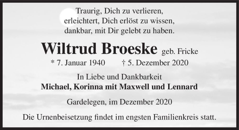  Traueranzeige für Wiltrud Broeske (geb. Fricke)  vom 11.12.2020 aus Magdeburger Volksstimme