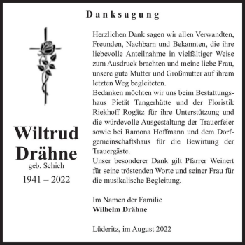 Traueranzeige von Wiltrud Drähne (geb. Schich)  von Magdeburger Volksstimme
