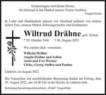 Traueranzeige von Wiltrud Drähne (geb. Schich)  von Magdeburger Volksstimme