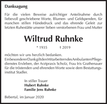 Traueranzeige von Wiltrud Ruhnke  von Magdeburger Volksstimme