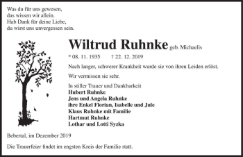 Traueranzeige von Wiltrud Ruhnke (geb. Michaelis)  von Magdeburger Volksstimme