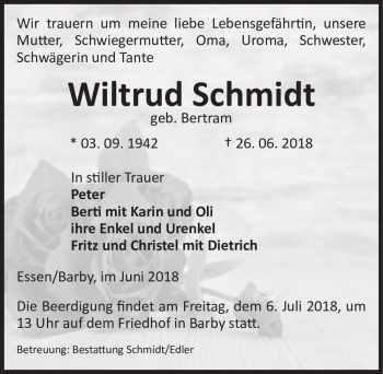 Traueranzeige von Wiltrud Schmidt (geb. Bertram)  von Magdeburger Volksstimme