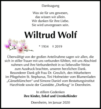 Traueranzeige von Wiltrud Wolf  von Magdeburger Volksstimme