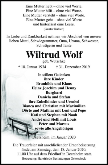 Traueranzeige von Wiltrud Wolf (geb. Wutschke)  von Magdeburger Volksstimme